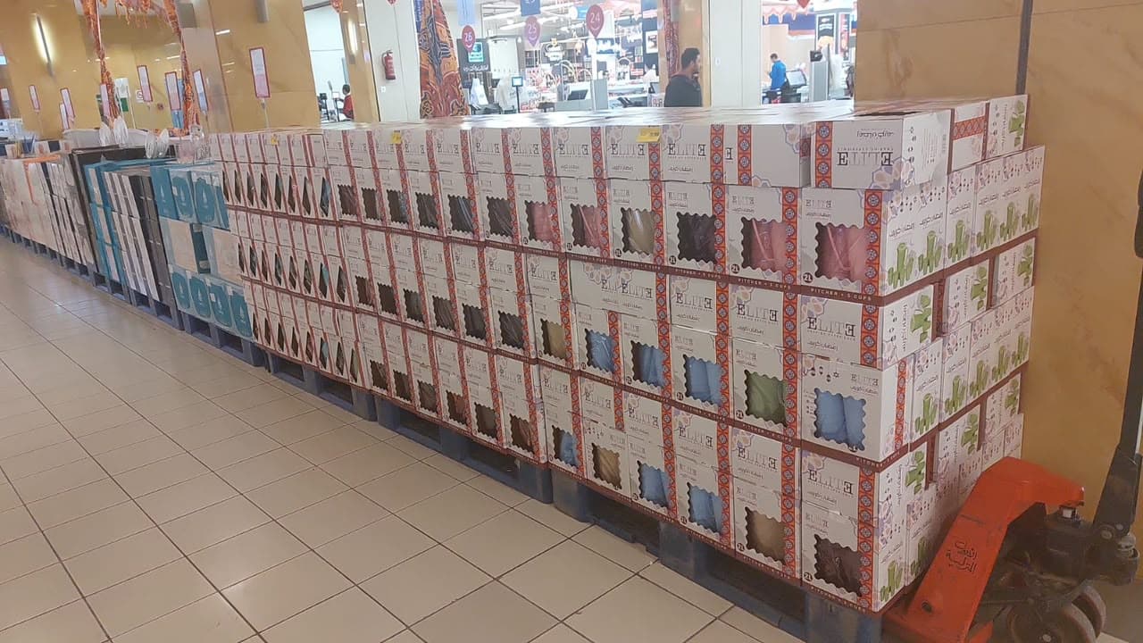 Pallets of Elite pitcher sets ready for retail distribution